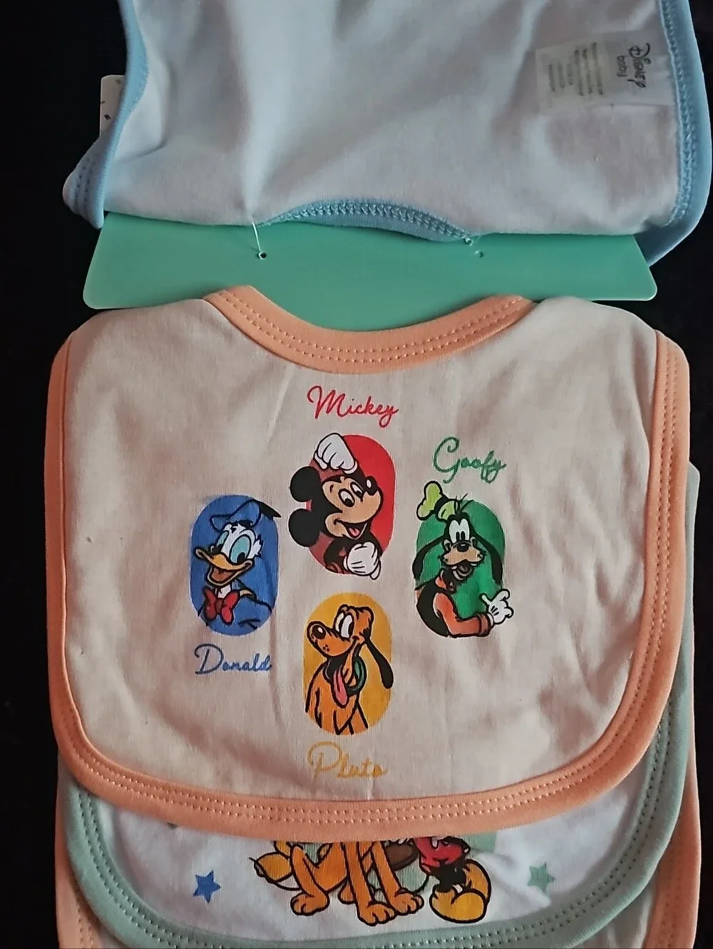 Disney Mickey & Friends Baby Bibs - Blue, Peach, Mint Trim (3-Pack)